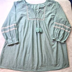 St Johns Bay Womens Top Size 0X 3/4  Sleeve Polka Dot Draw String Lt Teal